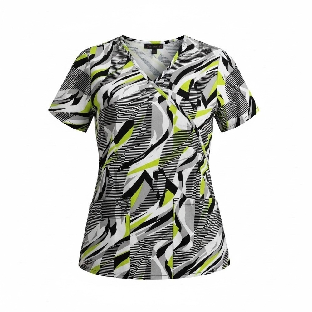 FLEX Abstract Geometric Print Wrap V-Neck Scrub Top Women's XS